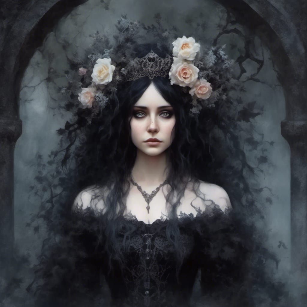 Goth Woman with Flower Crown in Garden