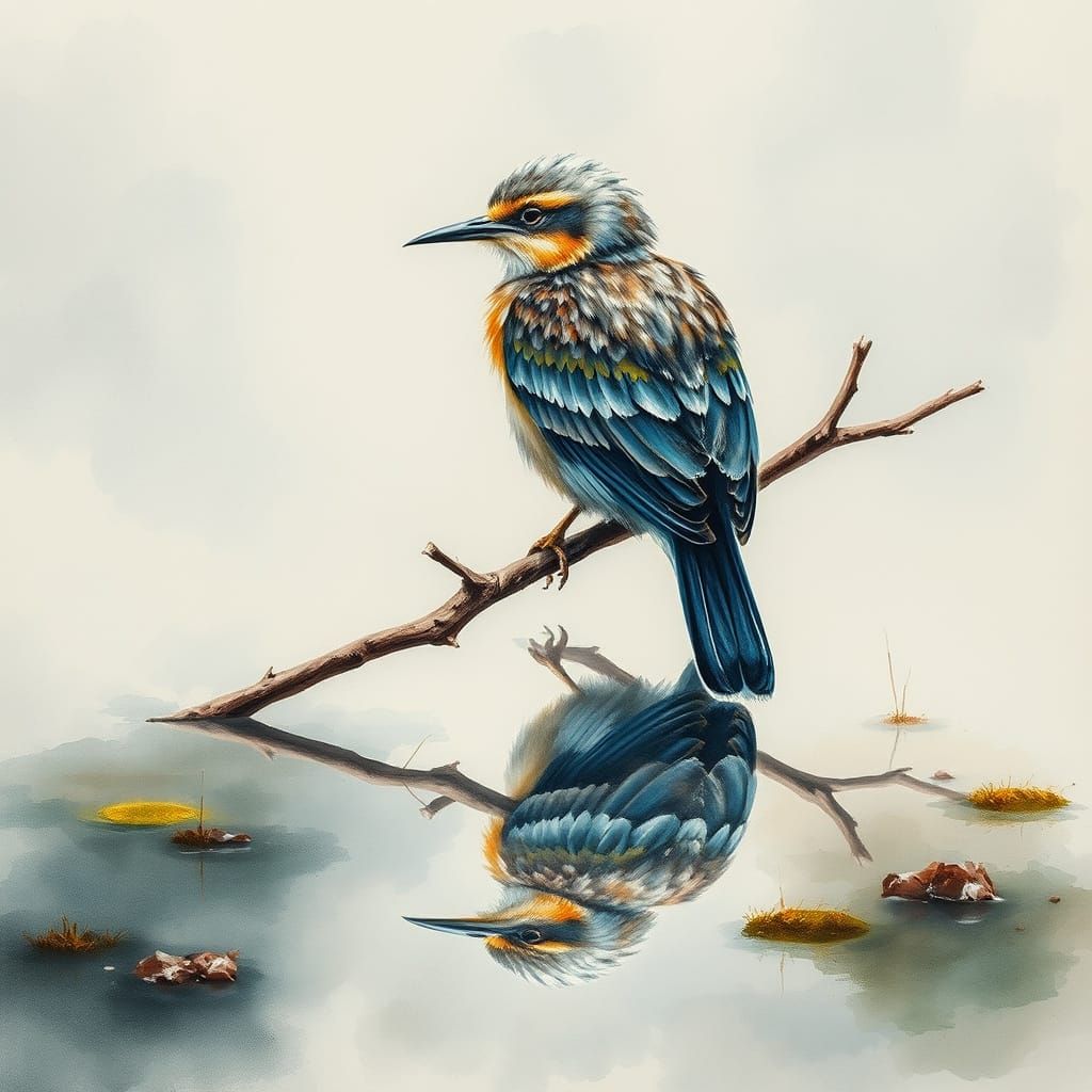 Gorgebleue Bird in Atlantic Marshes: Impressionist Gouache W...