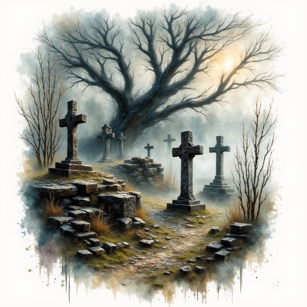 Ethereal Morning in a Hilltop Cemetery