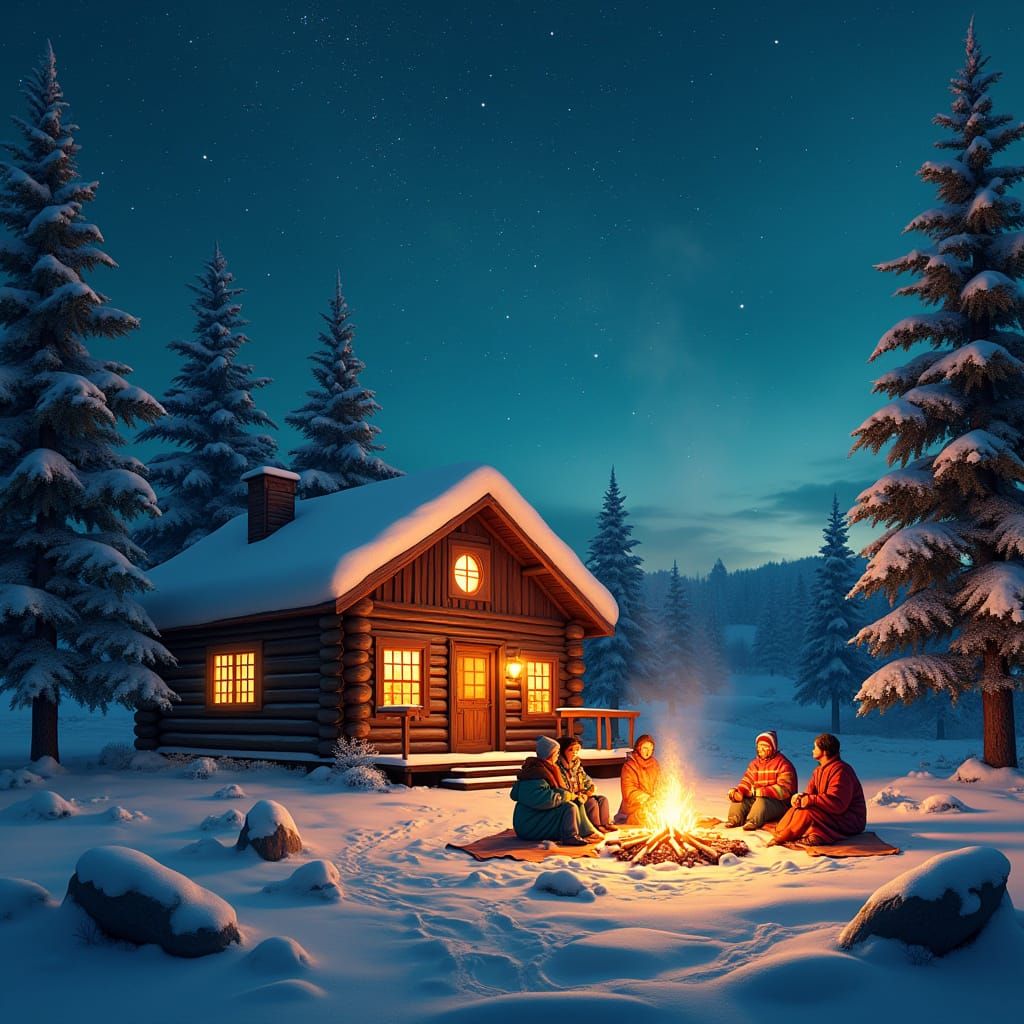 Cozy Winter Cabin Scene with Starry Night Sky