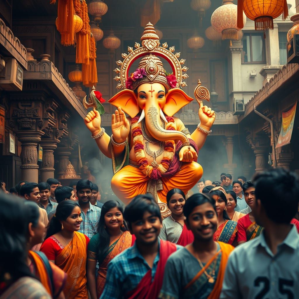 Vibrant Ganesha Idol Surrounded by Joyful Devotees in a Bust...