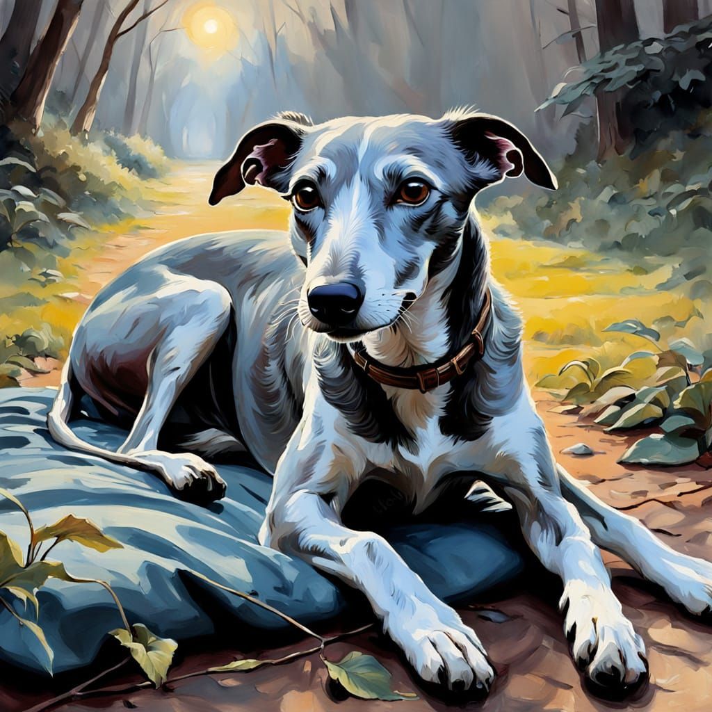 Whippet Dog Reading Book: Impressionist Gouache Painting