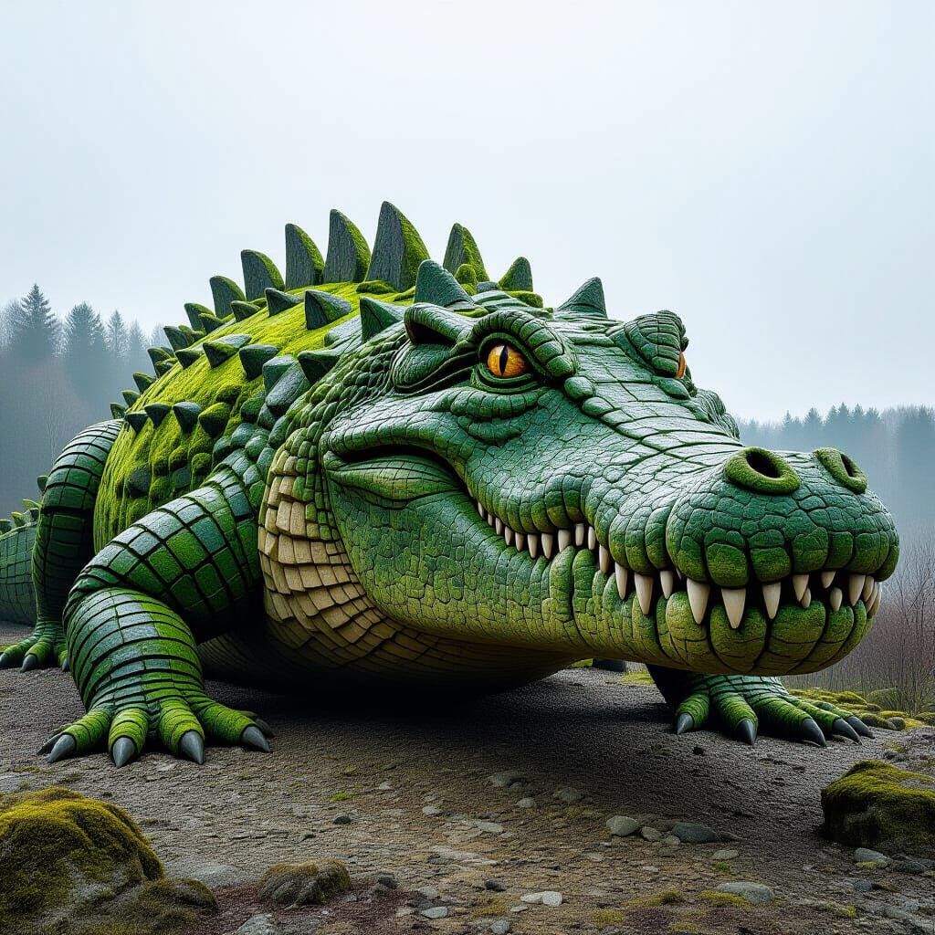 Gigantic Crocodile Rock Sculpture in Digital Art Style