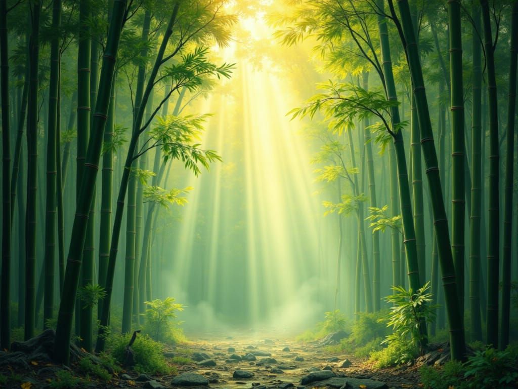 Serene Bamboo Forest at Dawn in Ethereal Light