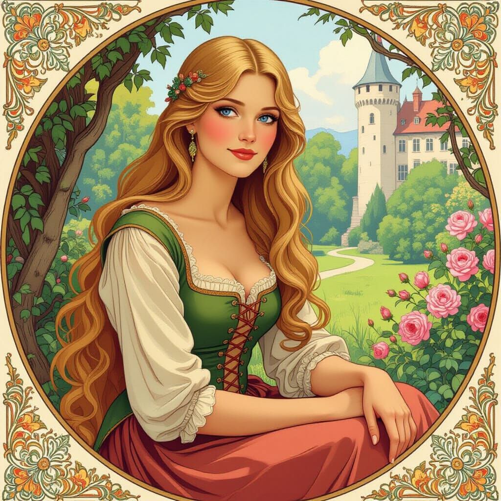 Blonde Woman in Medieval Dress, Art Nouveau Style