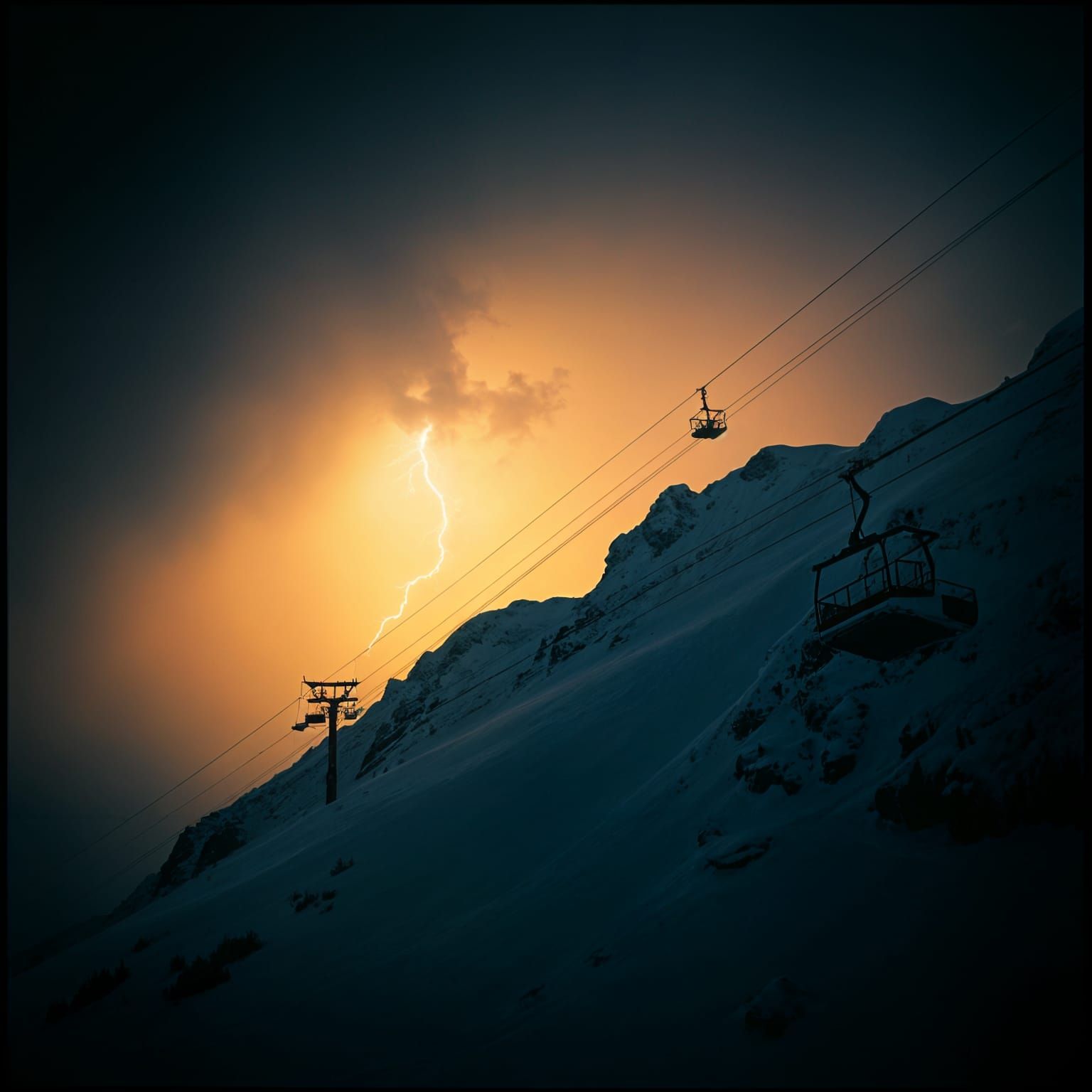 Dramatic Ski Lift Scene with Lightning