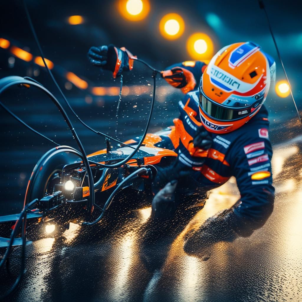 F1 Cars Racing on Wet Track at Night