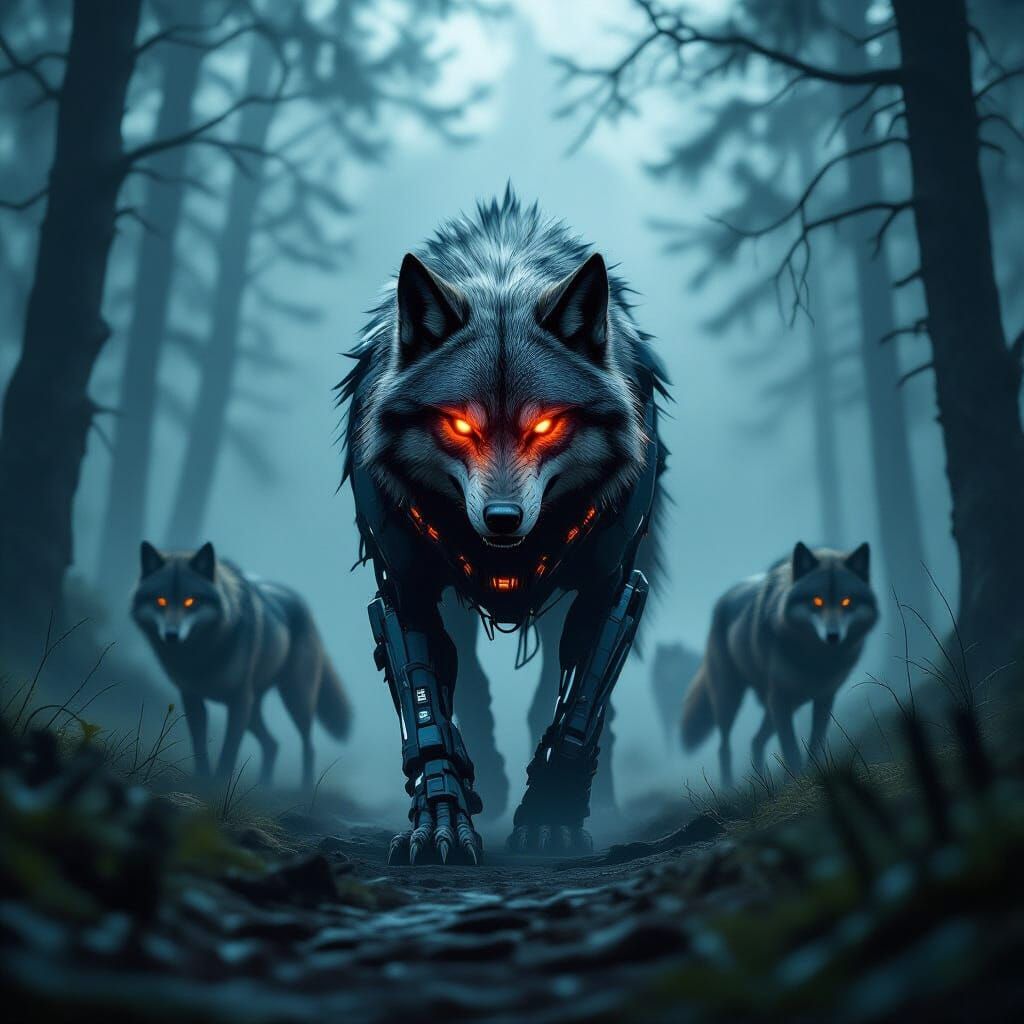 Mechanical Wolf Among Wild Pack in Misty Forest