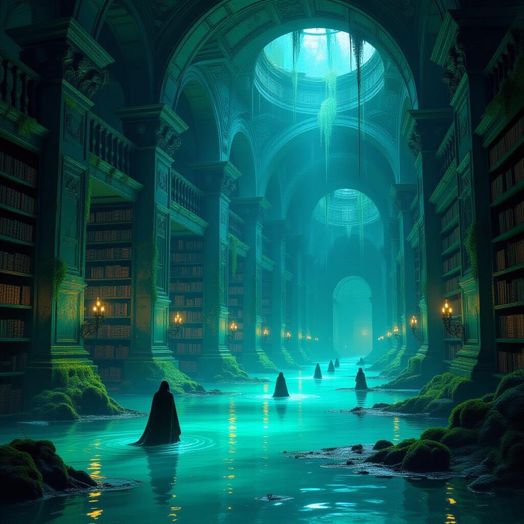 Ancient Swamp Library in Dark Fantasy Concept Art Style