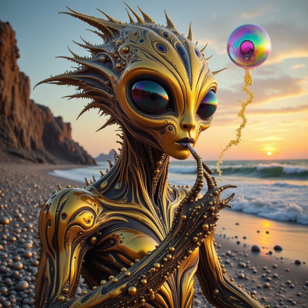 Gilded Alien Smokes on Beach at Dusk