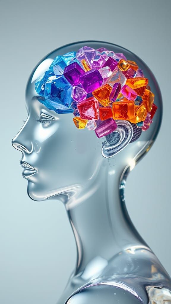 Radiant, Glass-Like Woman's Head with Vibrant, Shimmering Cr...