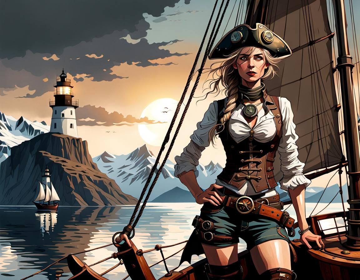 Steampunk Riot Girl in Norwegian Fjord at Dusk