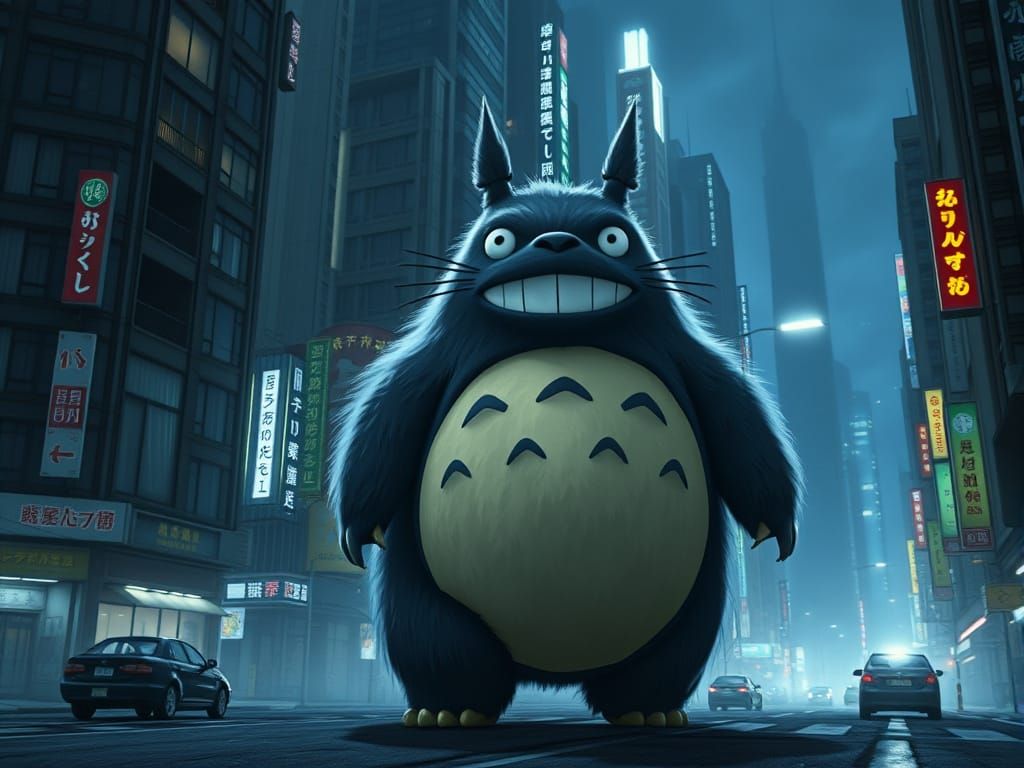 Giant Totoro Kaiju Rampage in Dark City