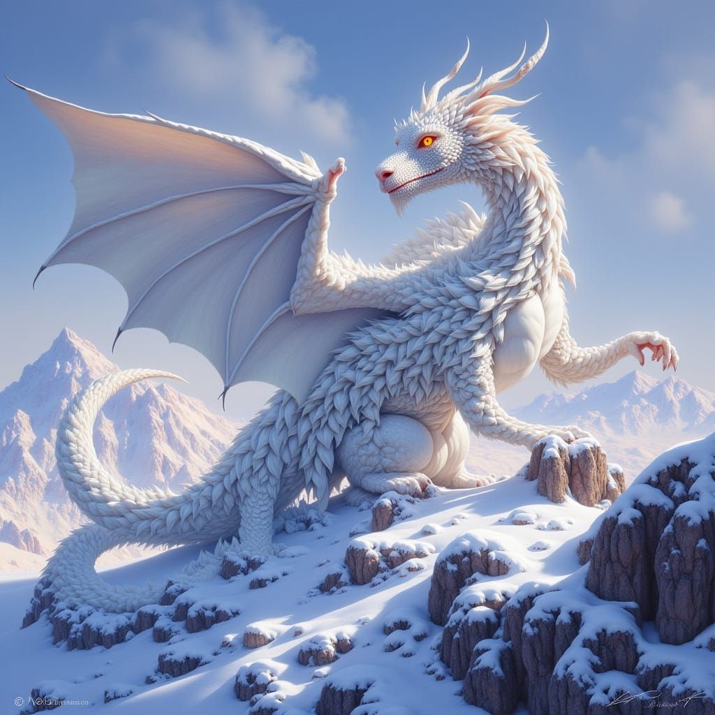 Majestic White Dragon on Snowy Peak at Dawn