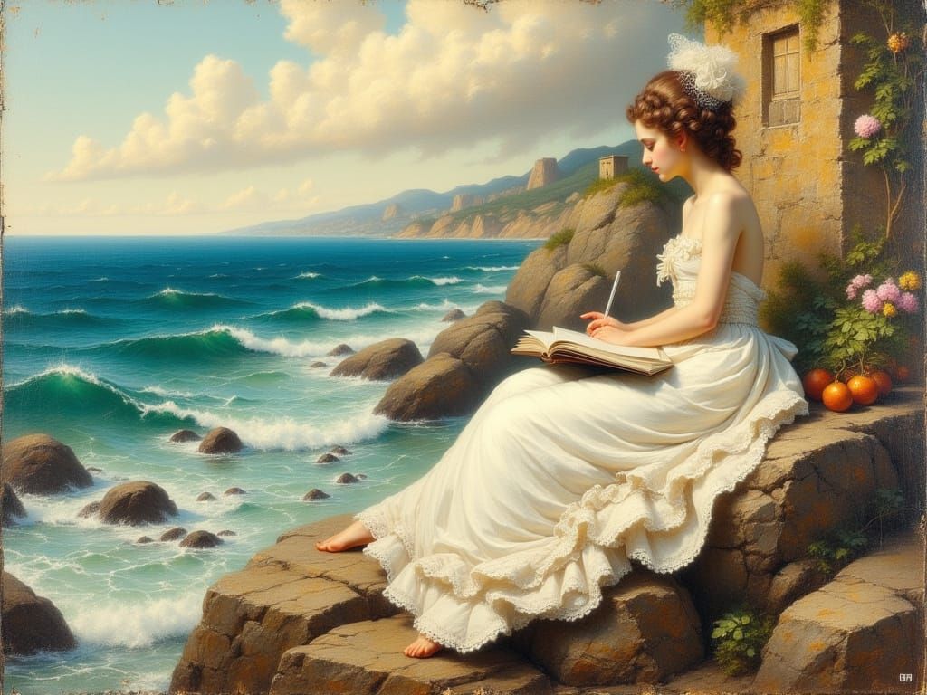Woman Writing Letter at Sea in Surrealist Style