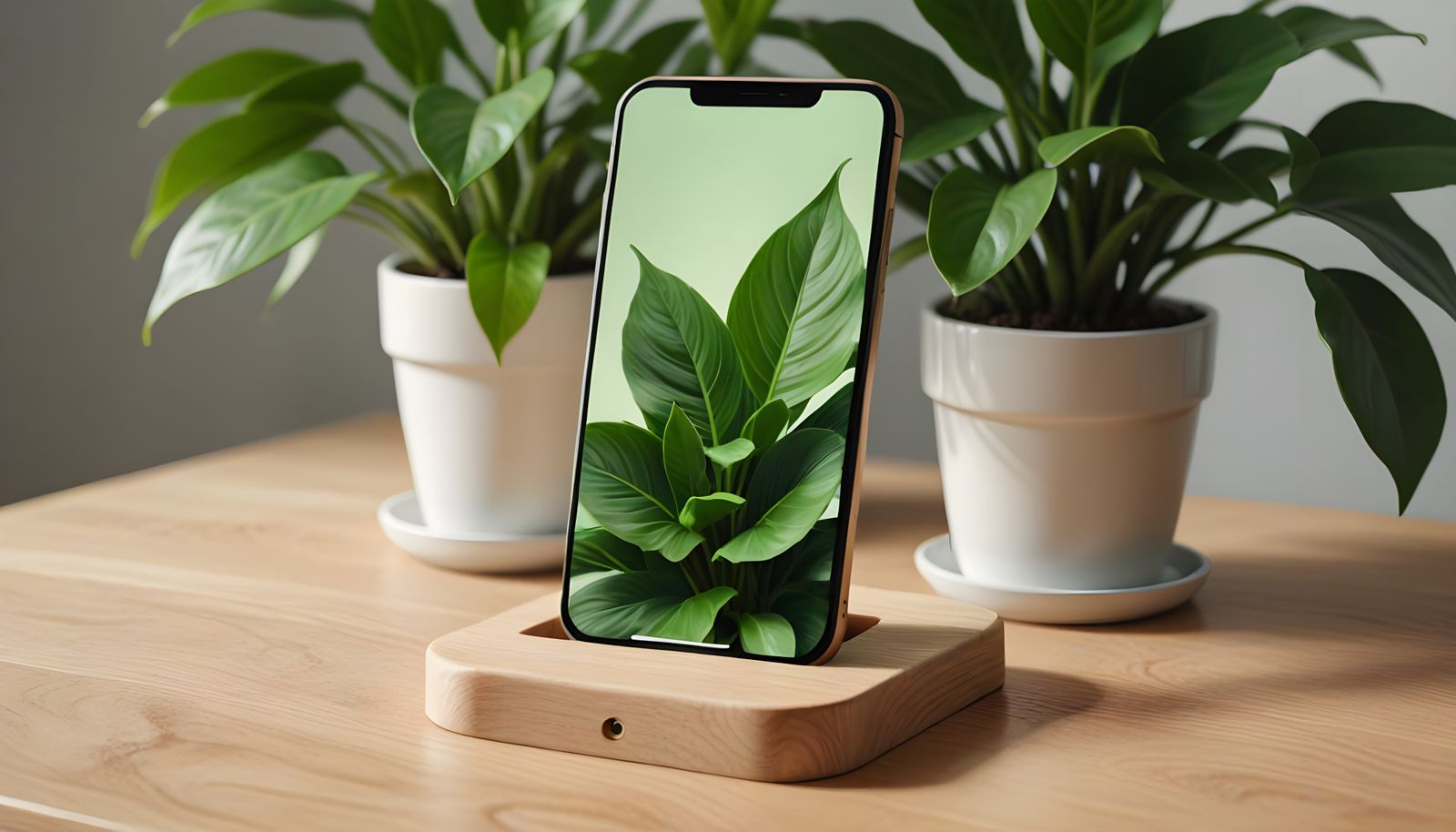 Smartphone Mockup with Greenery on Wooden Stand