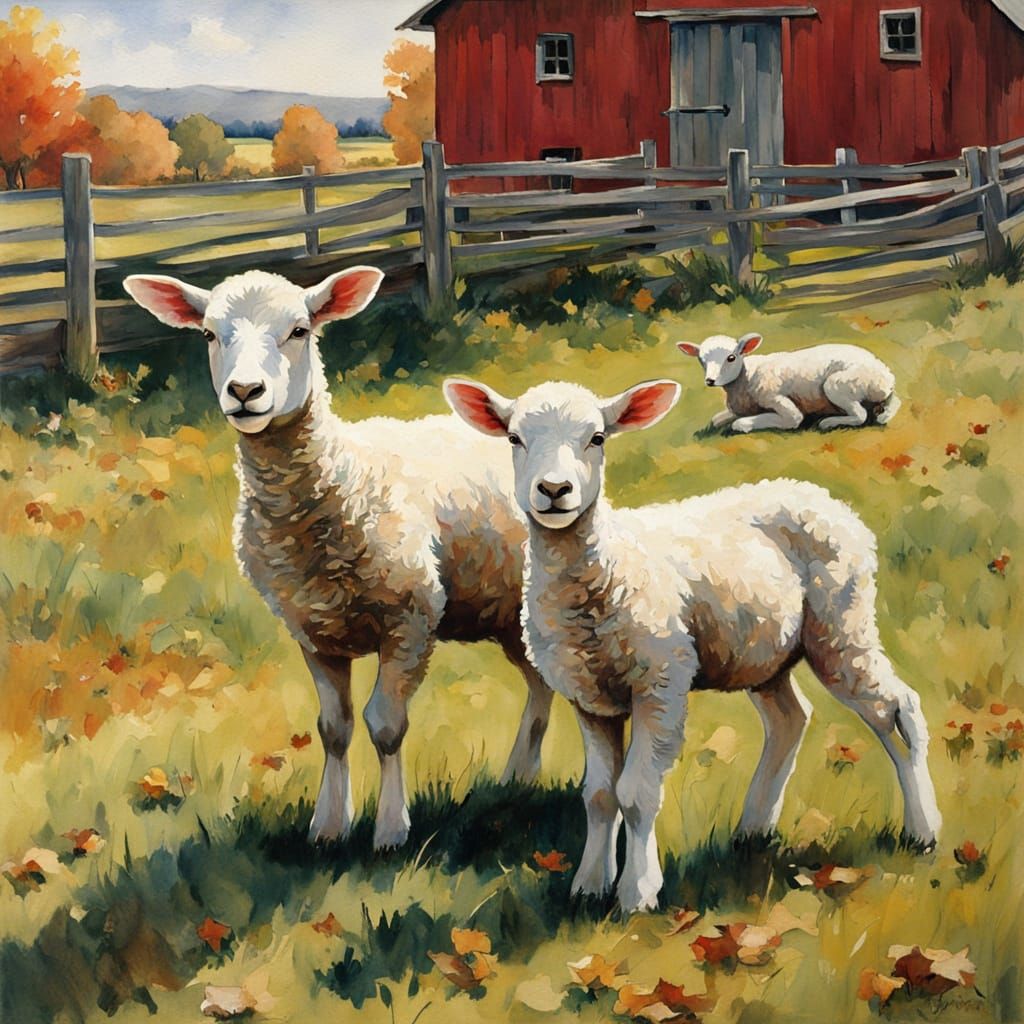 Lambs in Rural Landscape Watercolor Painting