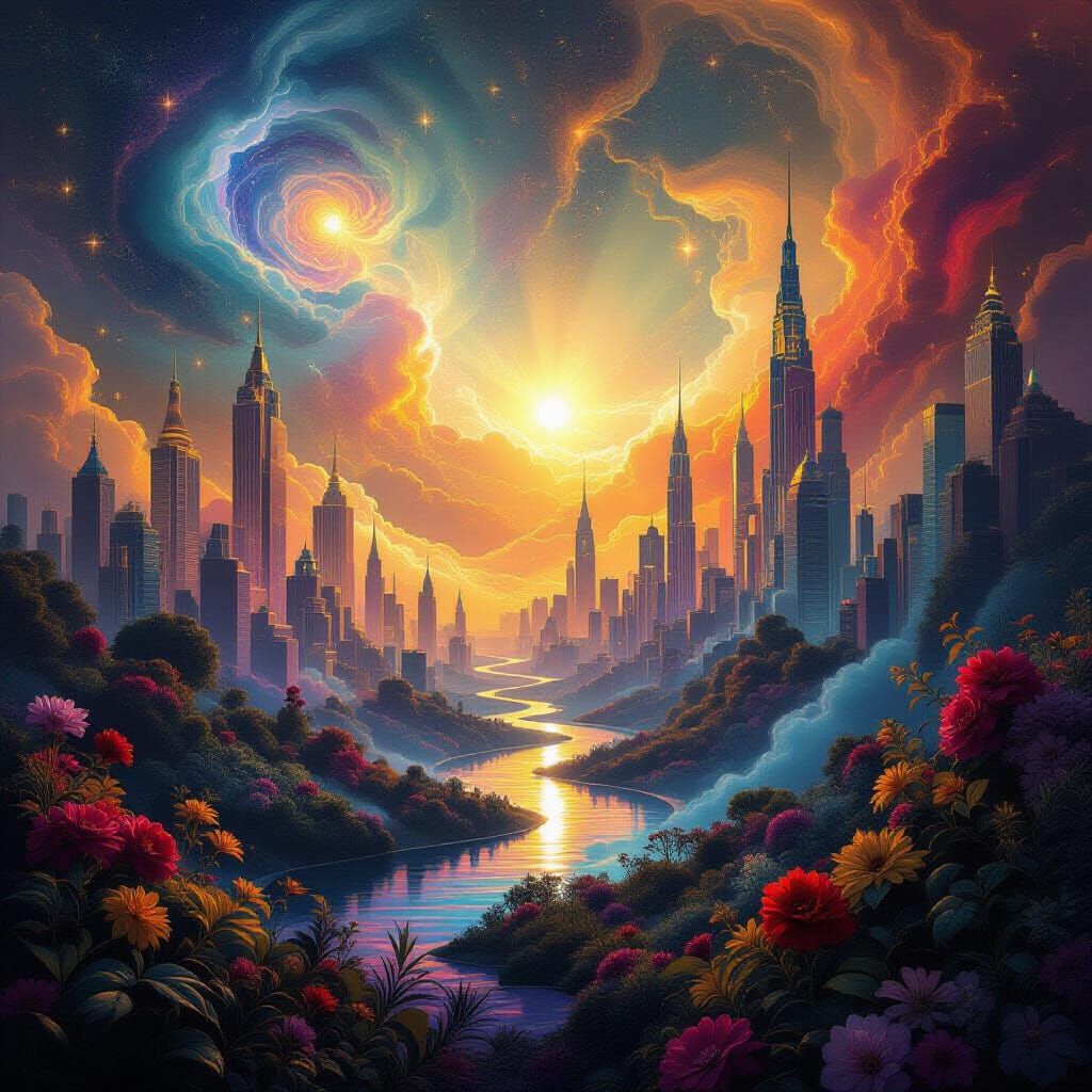 Surreal Ethereal Cityscape with Bioluminescent Flora