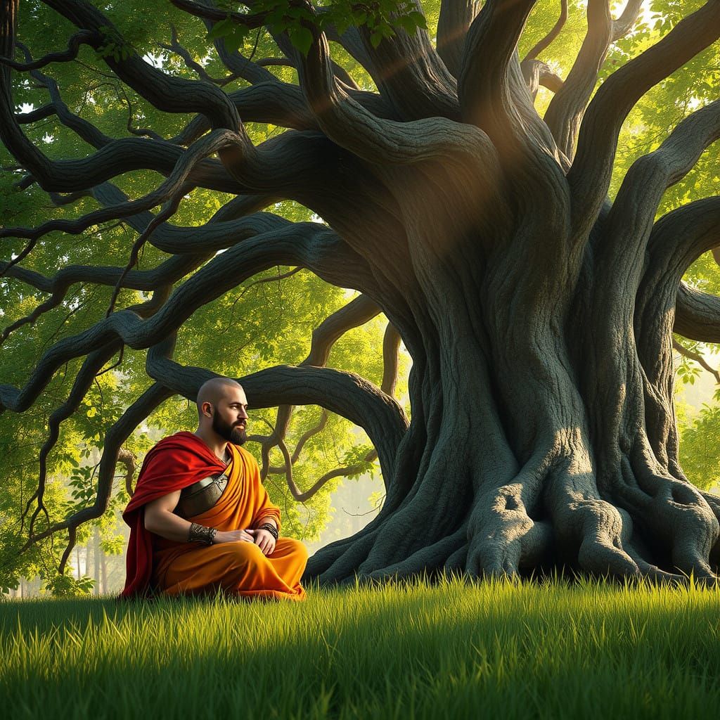 Serene Warrior and Monk Under Ancient Tree in Vibrant Landsc...