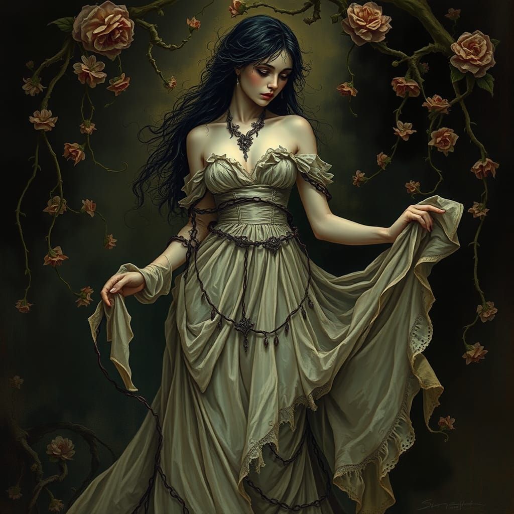 Eerie Woman Ensnared by Vines: Pre-Raphaelite Horror