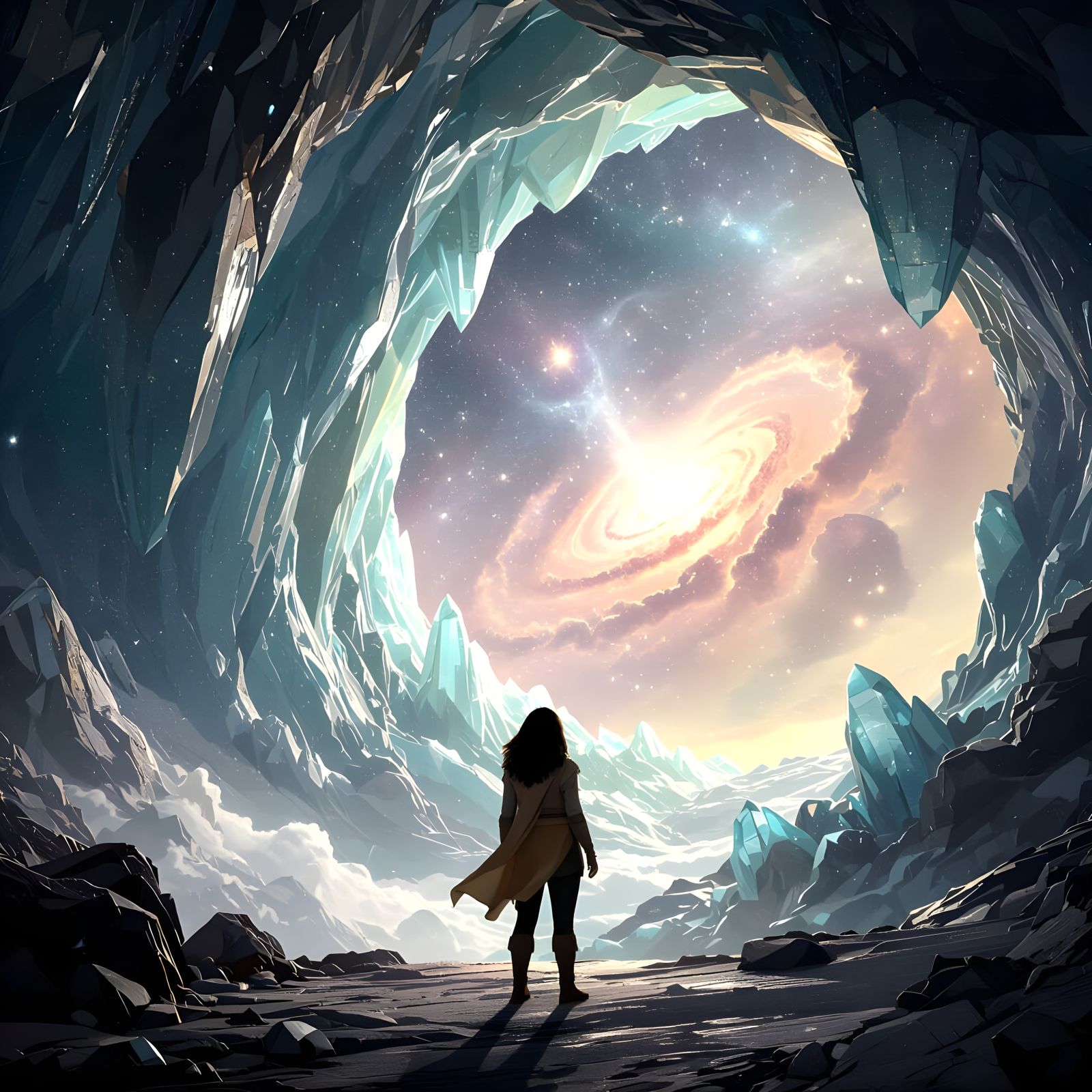 Explorer Gazes at Nebula in Crystalline Cavern