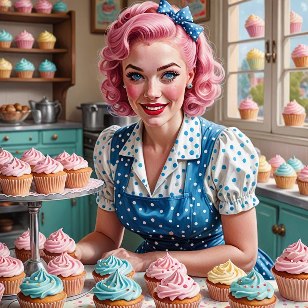 Retro Pinup Baker with Cupcakes in Vintage Style
