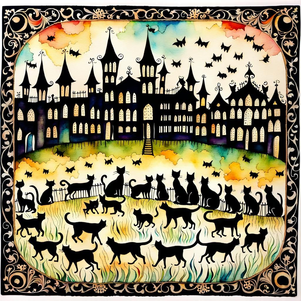 Whimsical Cat Herding in Vintage Watercolor Style