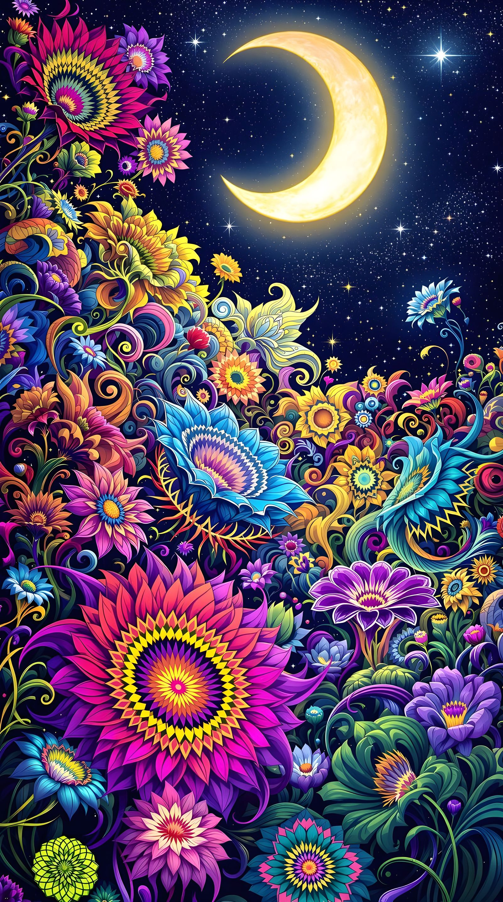 Vibrant Geometric Flower Field under Celestial Skies