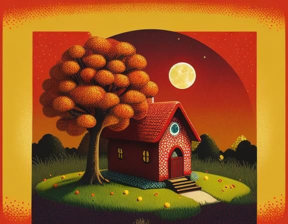 Dotted Fairy House and Tree in Pointillism Style