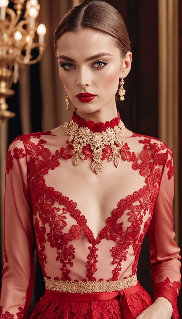 Fashion Model in Red Lace Lingerie: High-Fashion Photography