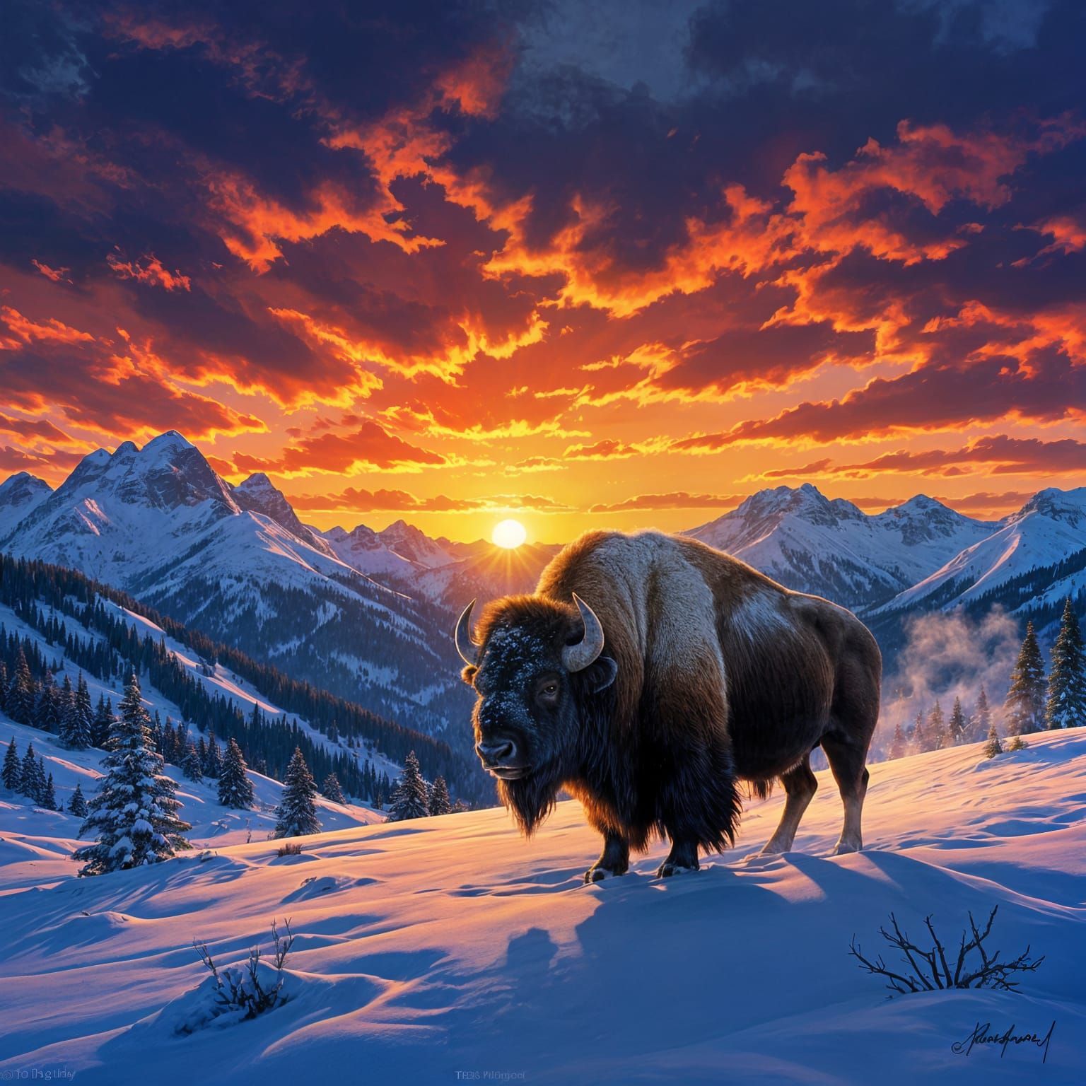 Bison Silhouette at Sunset: Impressionist Wildlife Painting