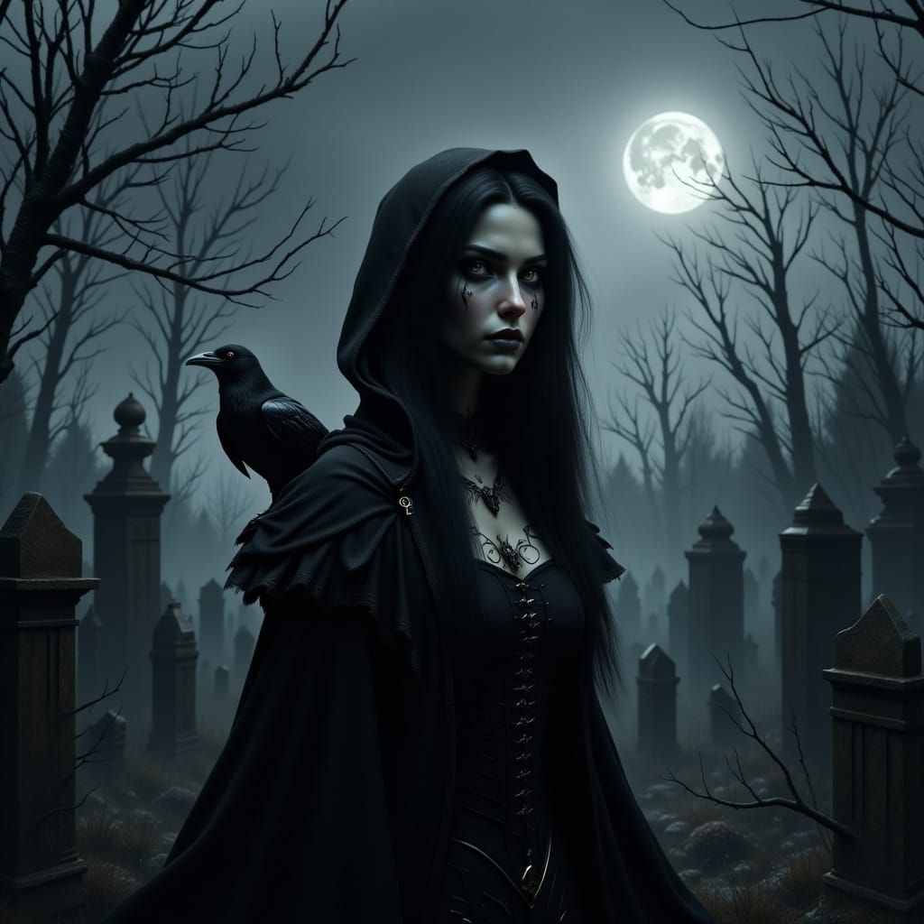 Gothic Woman in Foggy Graveyard