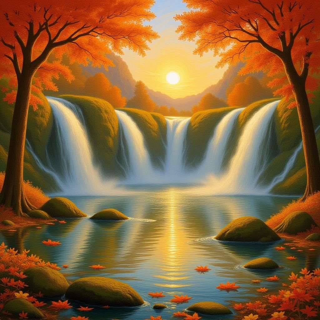Autumn Waterfall Serenity in Impressionistic Oil Style