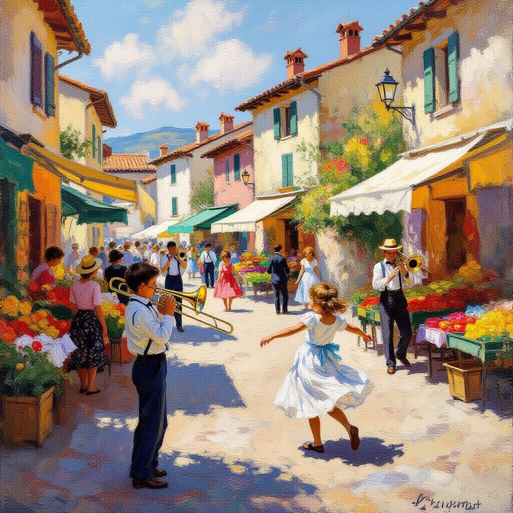 Joyful Village Dance in Impressionistic Oil Painting Style