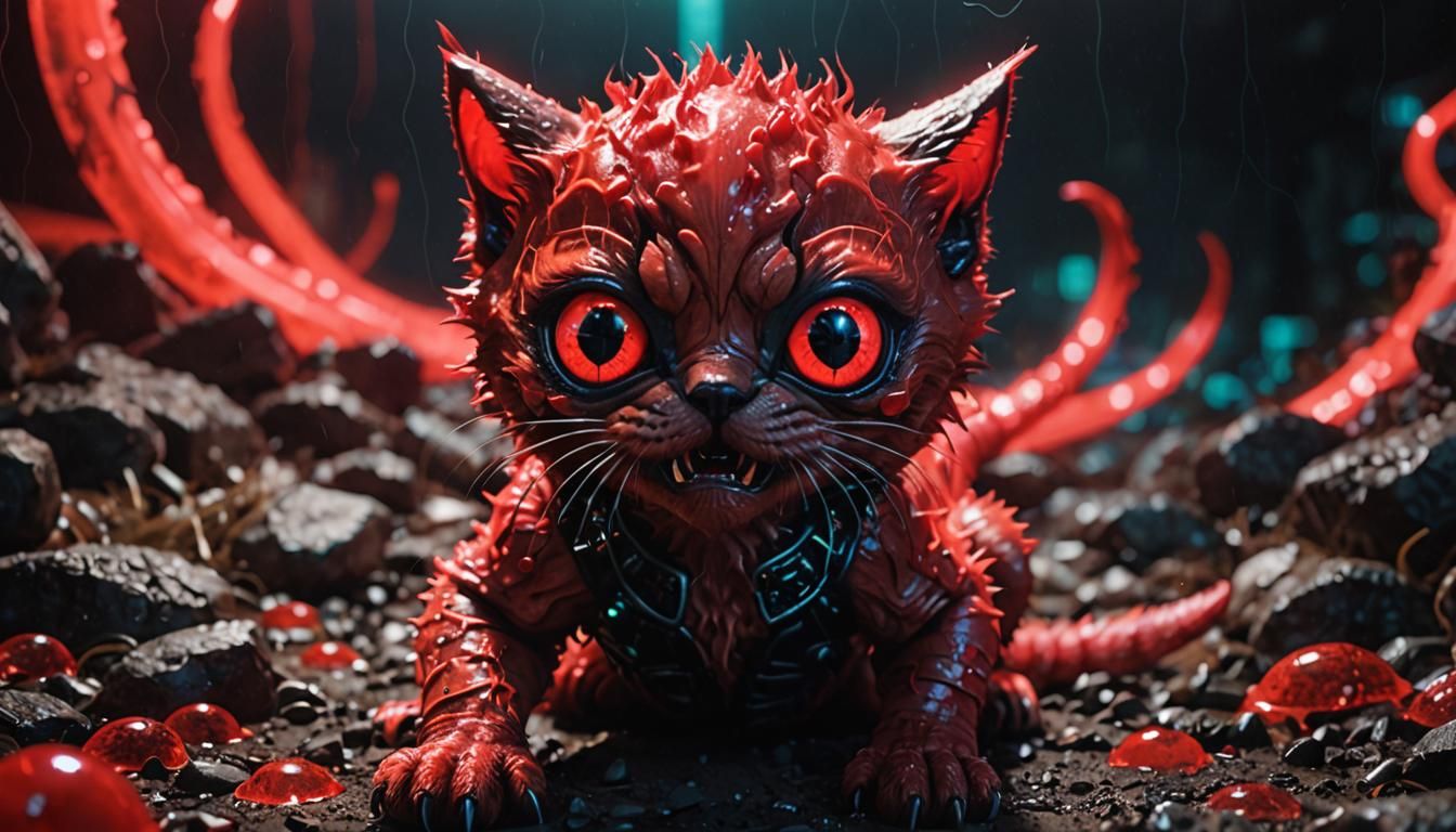 Plastic Google Eyes on a red alien kitten