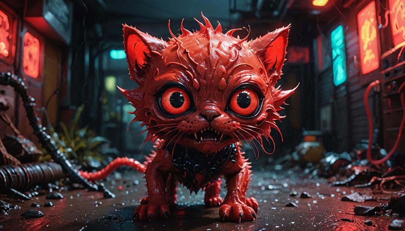 Plastic Google Eyes on a red alien kitten