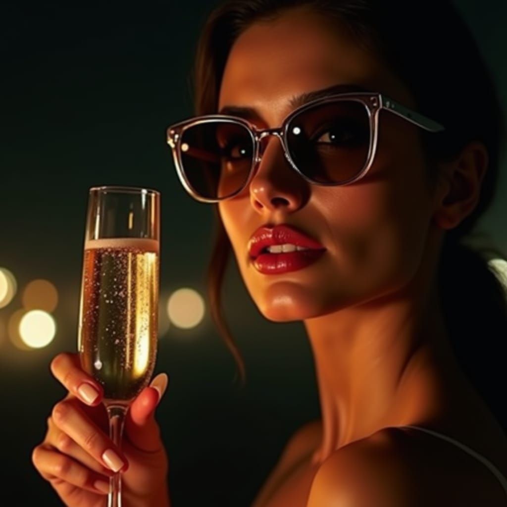 Elegant Woman with Champagne in Hyperrealistic Style