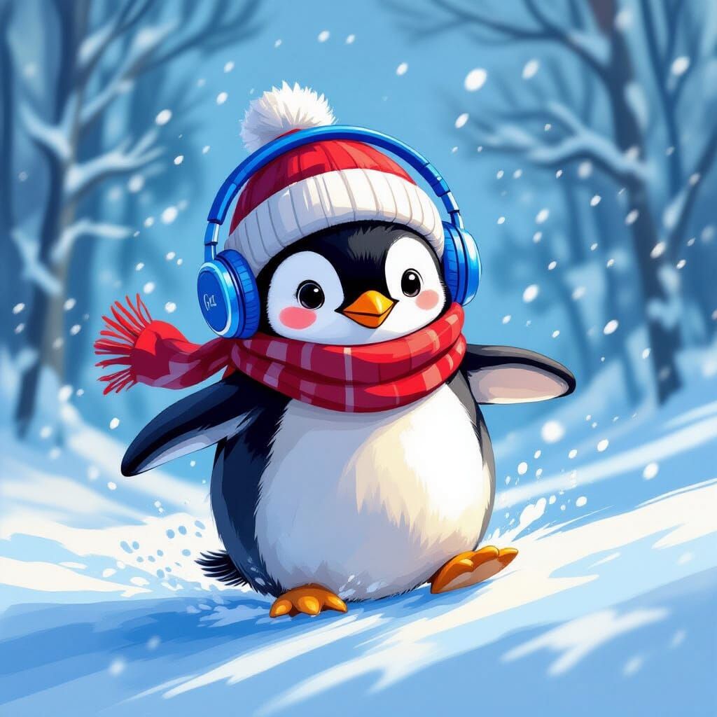Penguin Slides on Ice with Headphones: Whimsical Art