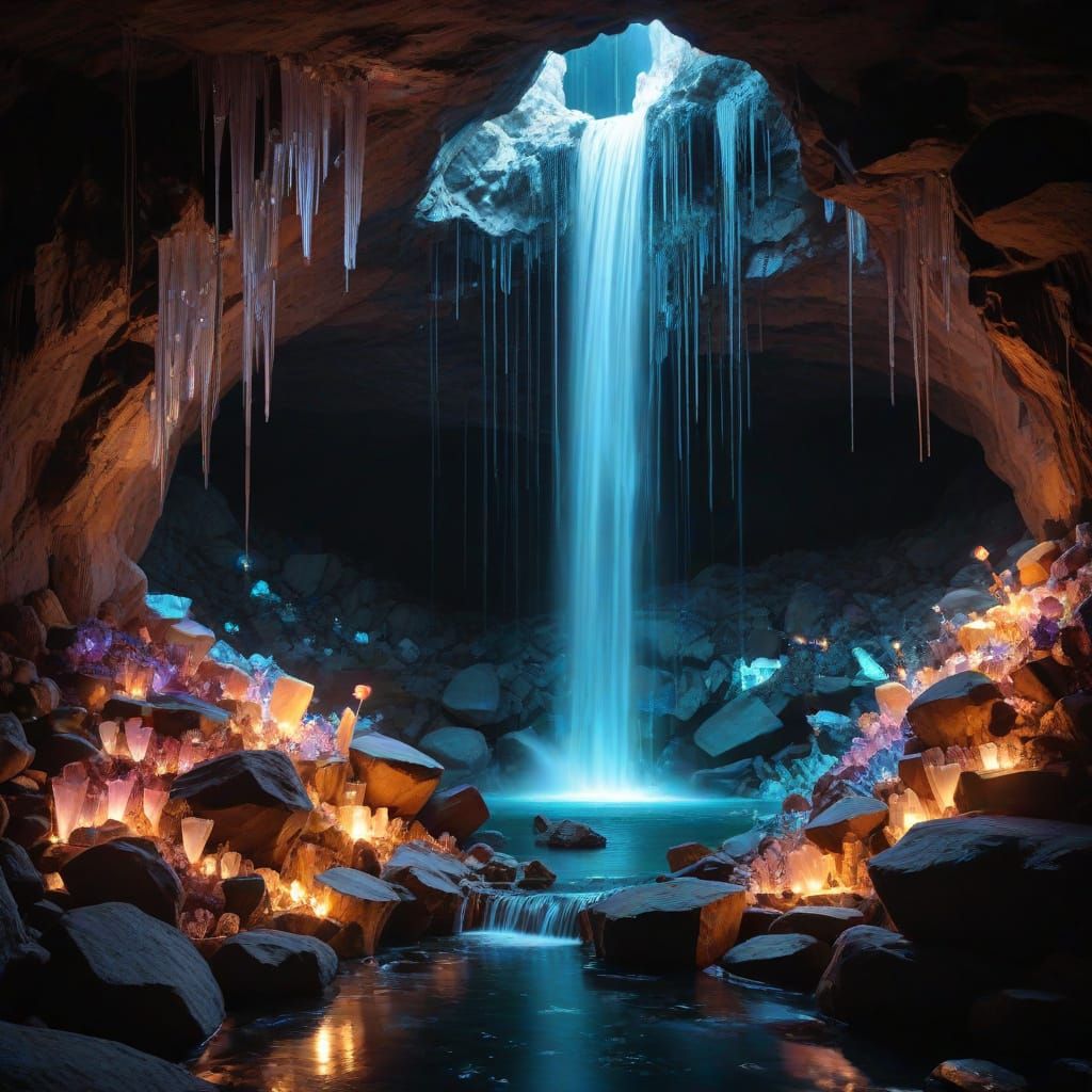 Glowing Crystal Cave Waterfall