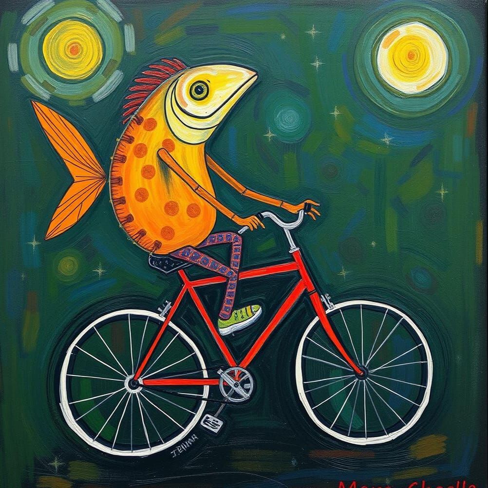 Legless Fish Rides Bicycle in Surrealist Style