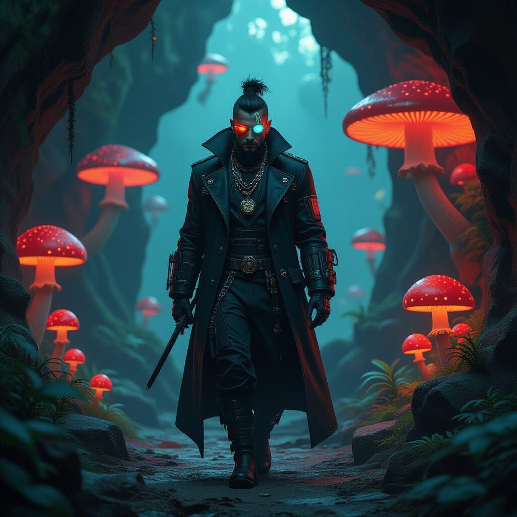 Cyberpunk Hacker in Bioluminescent Grotto, Art Nouveau Style