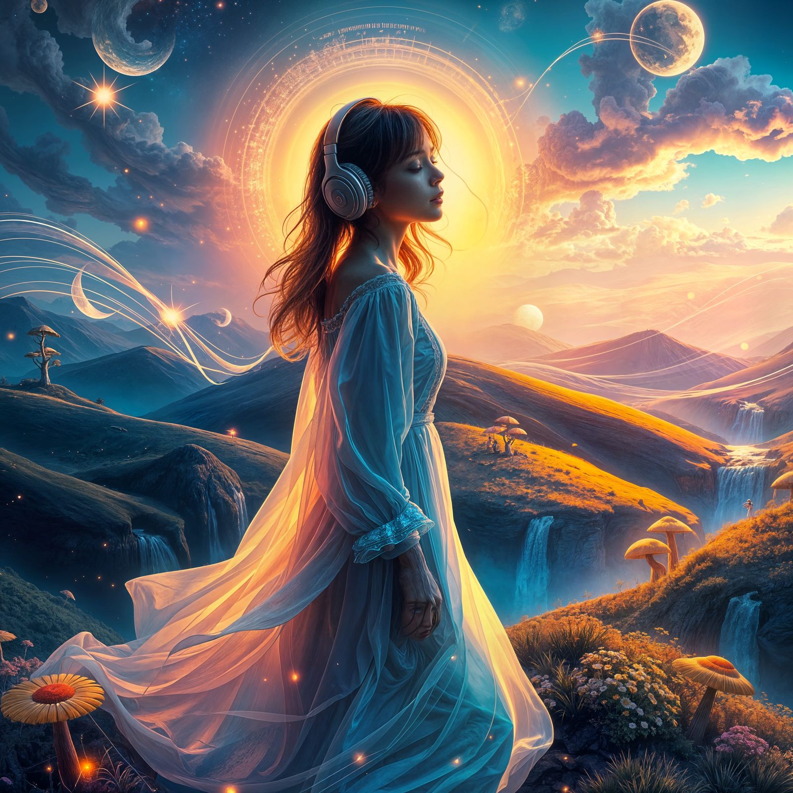 Girl in Dreamy Vibrant Landscape