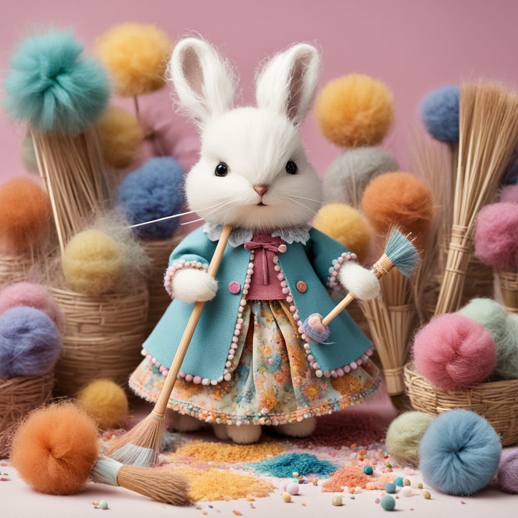 Doll Sweeping Pompoms in Storybook Style