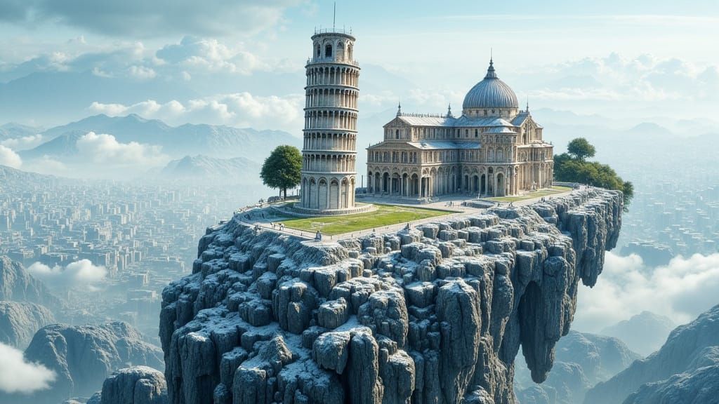 Miniature Pisa and Colosseum on Snowy Mountaintop