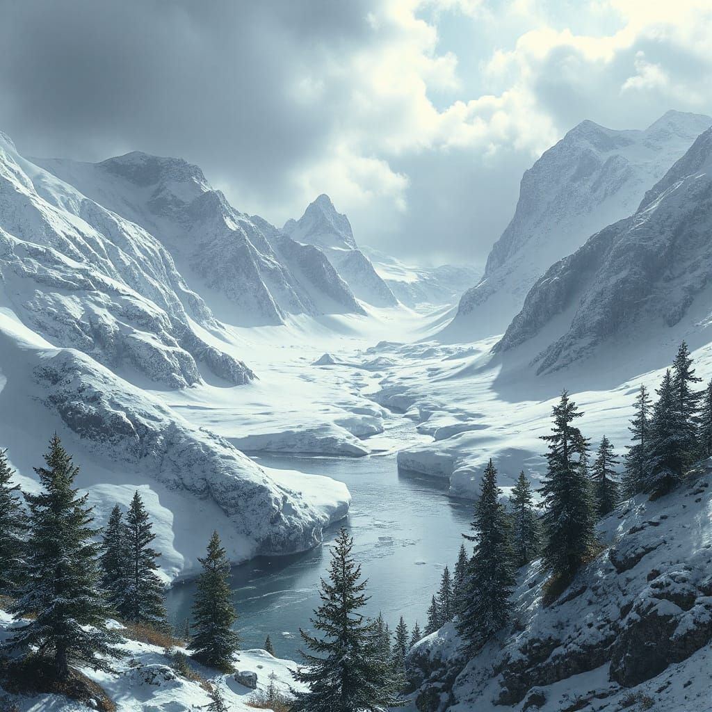 Snowy Tundra Landscape with Mountains and Rivers