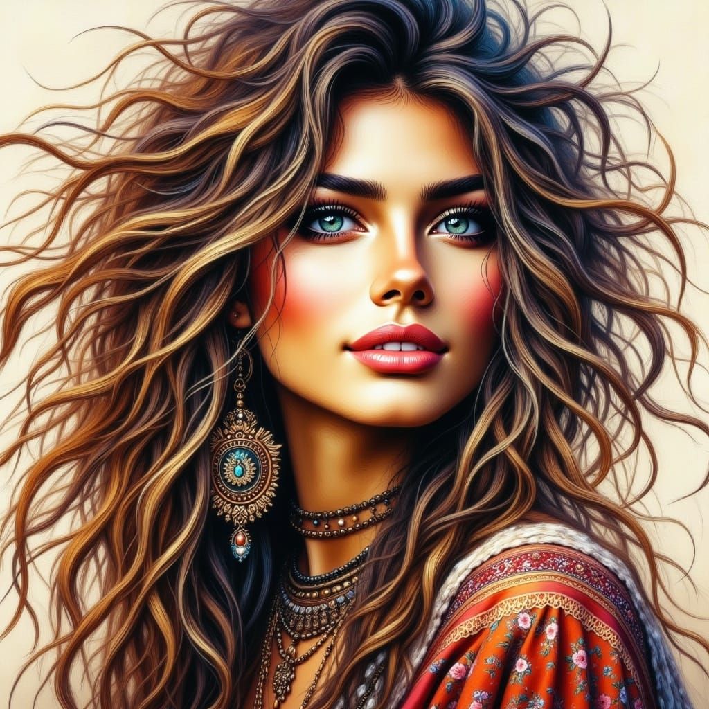 Stunning Spanish Gypsy Portrait in Watercolor Style