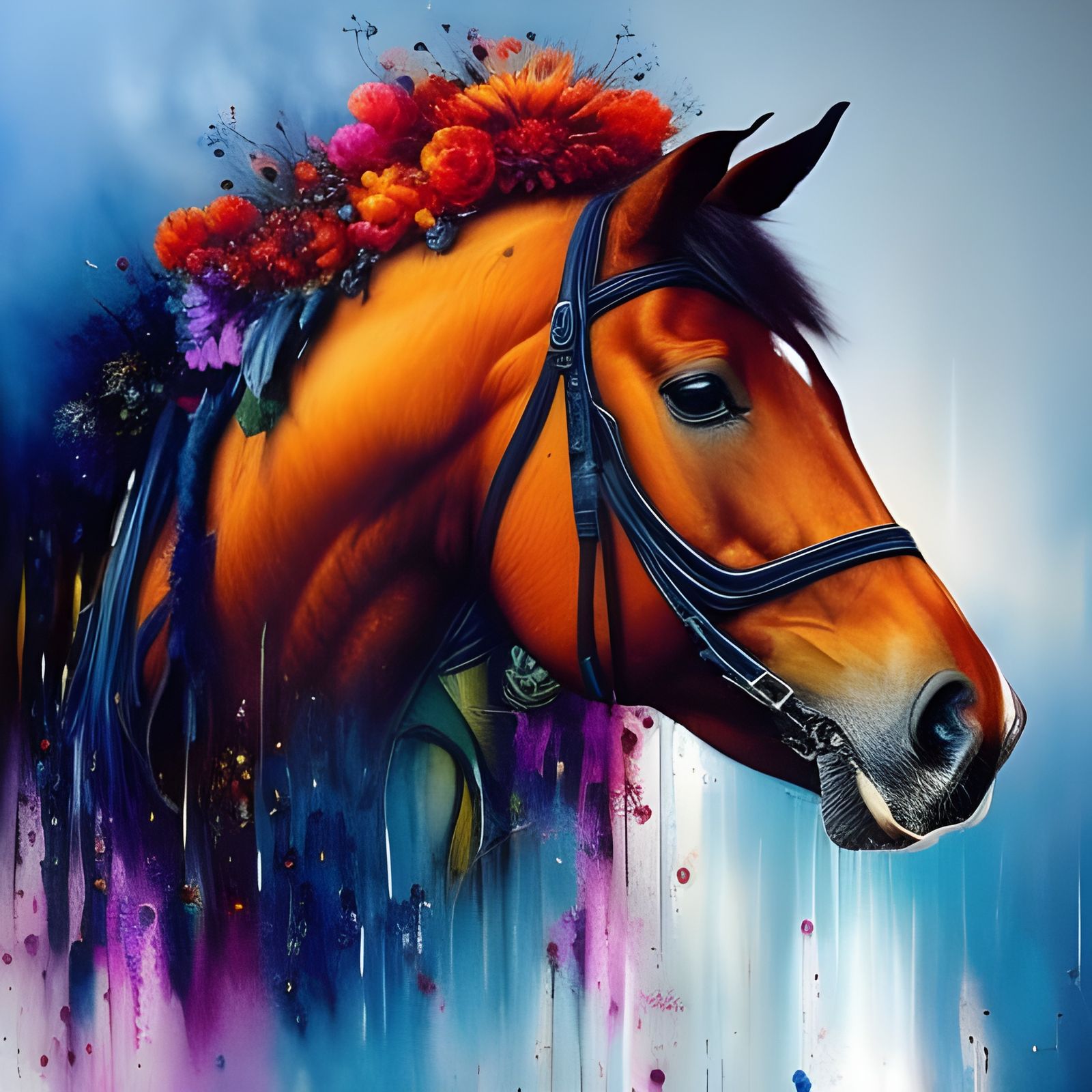 Hyperrealistic Horse with Floral Elements in Splash Art