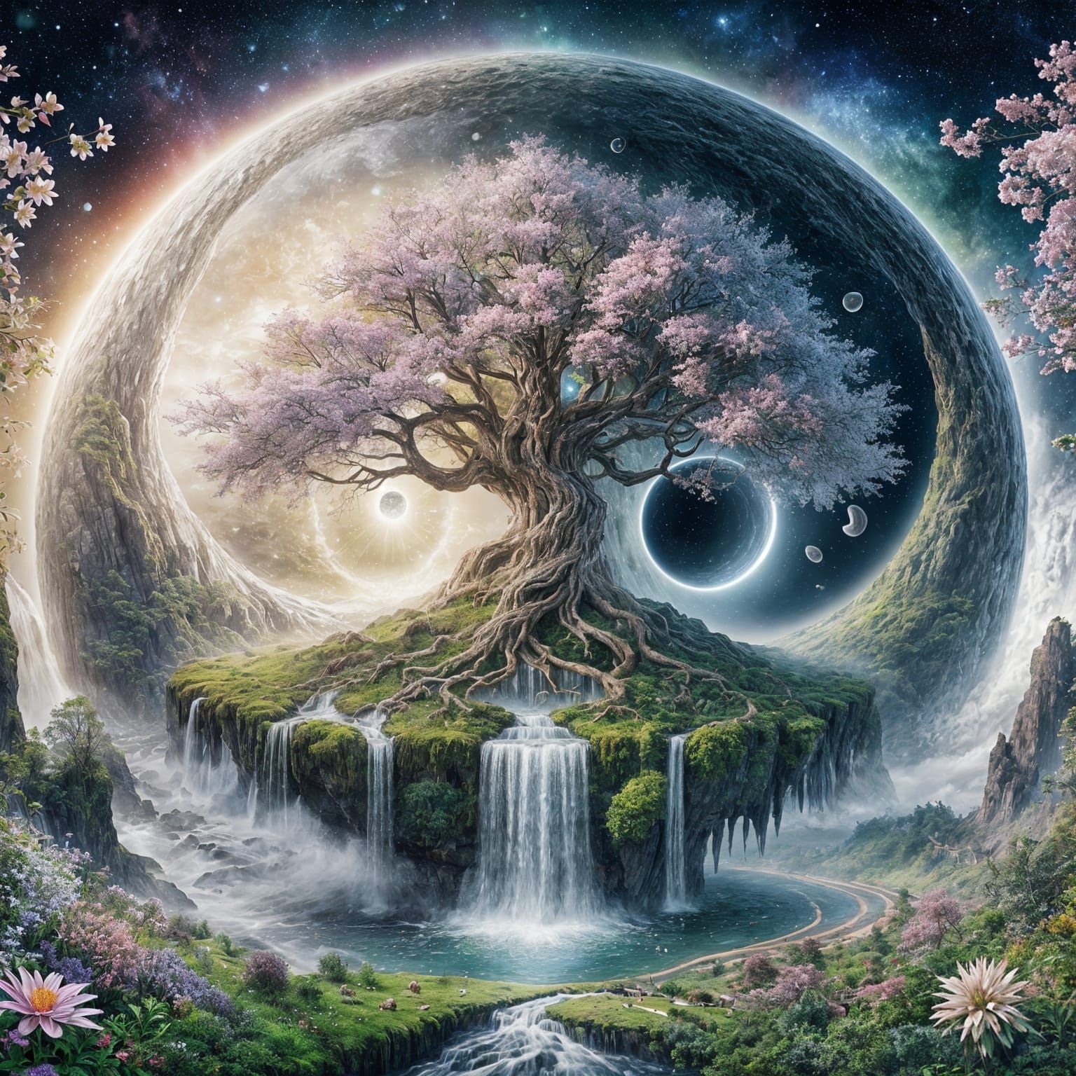 Mystical Tree of Life with Cascading Waterfall