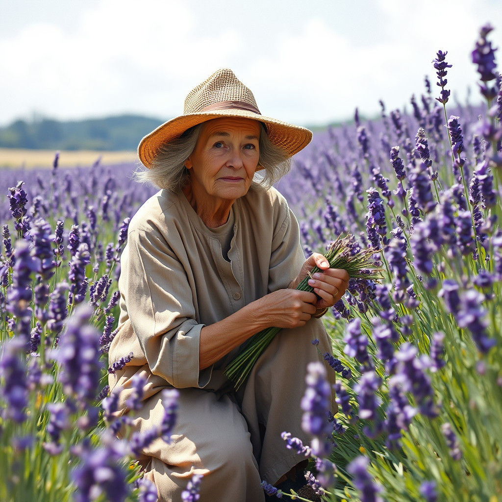 Elderly Woman Bundling Lavender in Impressionist Style