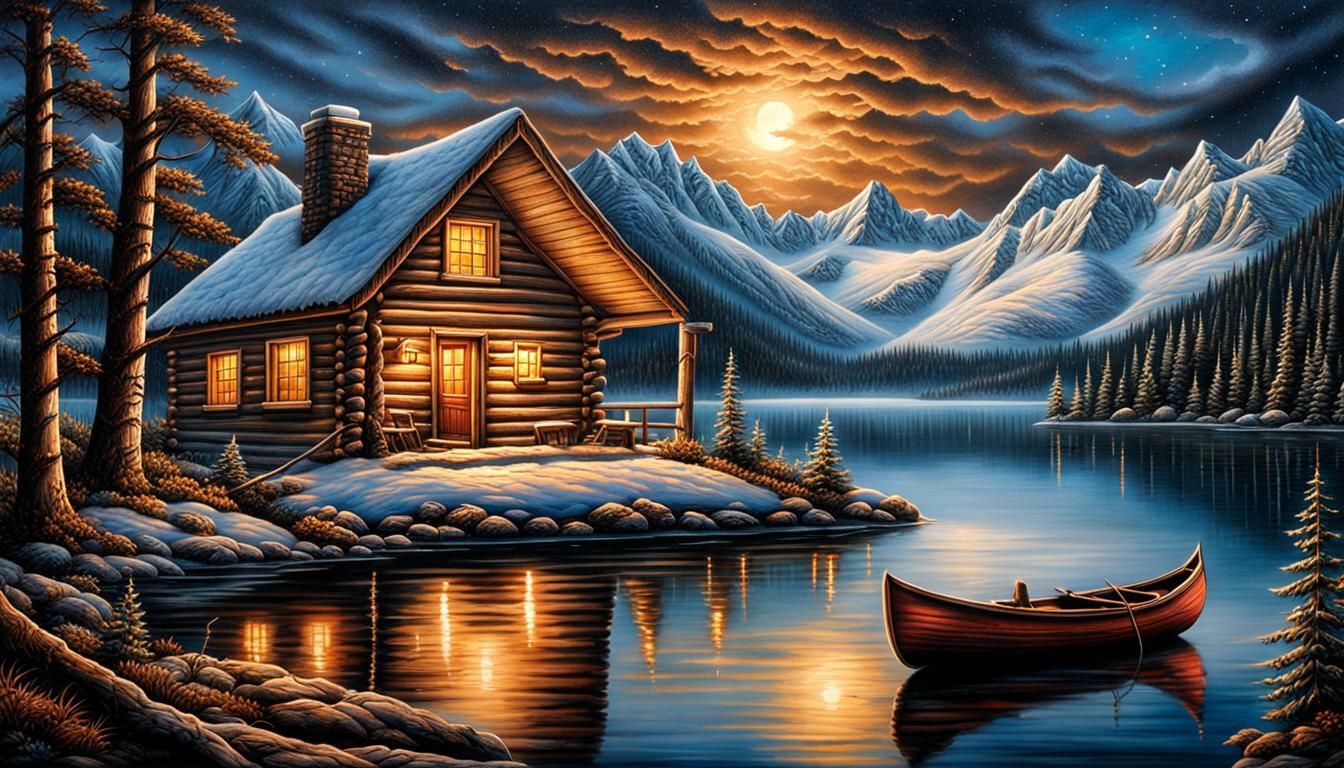 Rustic Log Cabin on Lake in Redlin Style